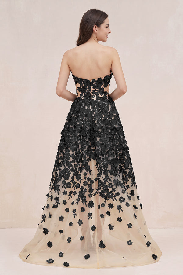 Black and Nude Appliqued Tulle A-Line V-neck Wedding Dress - KISSBRIDAL