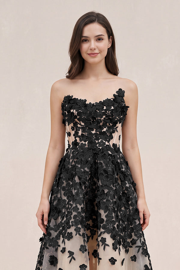 Black and Nude Appliqued Tulle A-Line V-neck Wedding Dress - KISSBRIDAL