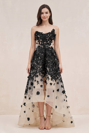 Black and Nude Appliqued Tulle A-Line V-neck Wedding Dress - KISSBRIDAL