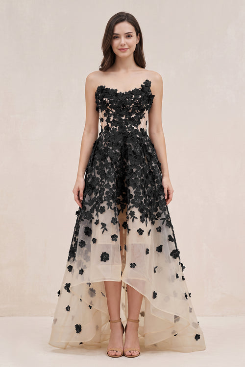 Black and Nude Appliqued Tulle A-Line V-neck Wedding Dress - KISSBRIDAL