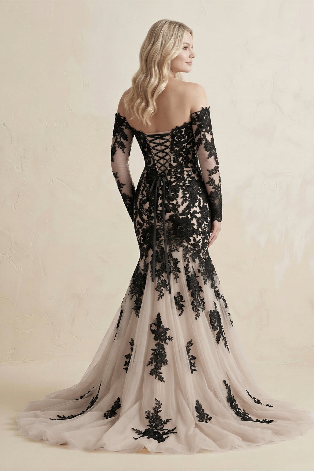 Appliqued Tulle Mermaid Off - the - Shoulder Wedding Dress in Black - KISS BRIDAL Wedding Dresses