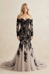 Appliqued Tulle Mermaid Off - the - Shoulder Wedding Dress in Black - KISS BRIDAL Wedding Dresses