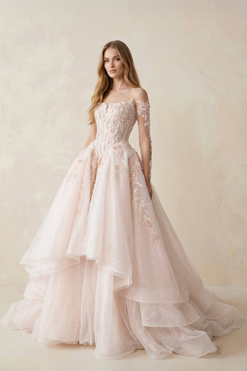 Appliqued Tulle Strapless Ball Gown Wedding Dress - SHE IS ME Wedding Dresses