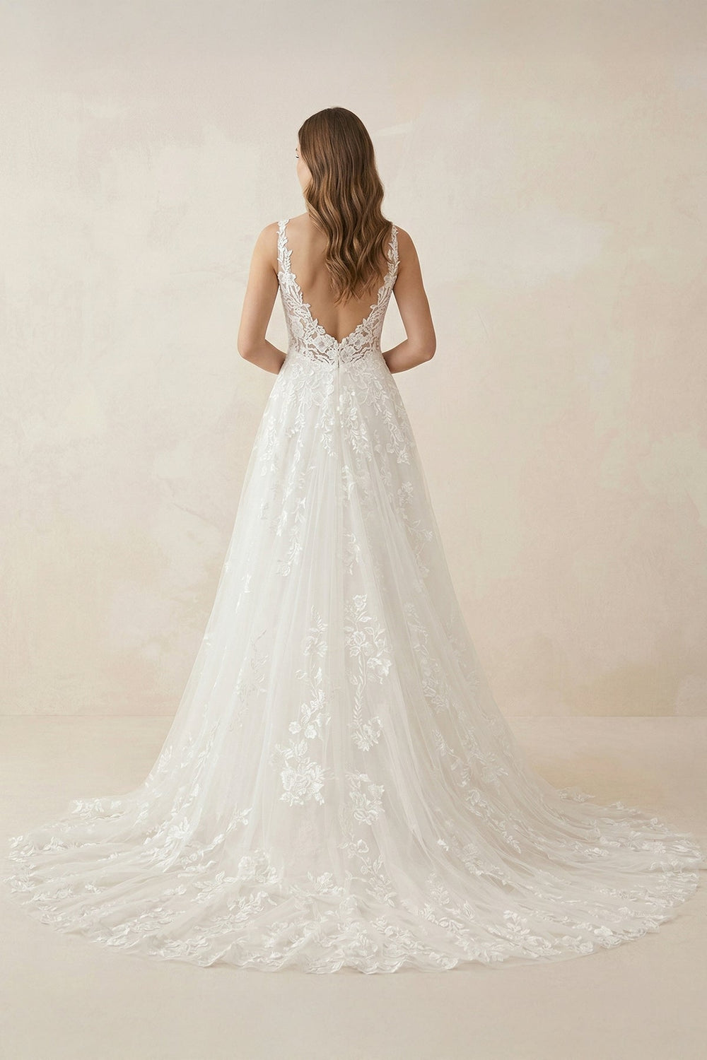 Appliqued V - Neck A - Line Tulle Maxi Wedding Dress in White - KISS BRIDAL Wedding Dresses