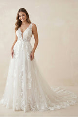 Appliqued V - Neck A - Line Tulle Maxi Wedding Dress in White - KISS BRIDAL Wedding Dresses
