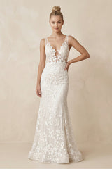 Appliqued V - Neck Mermaid Sheath Wedding Dress in White - KISS BRIDAL Wedding Dresses