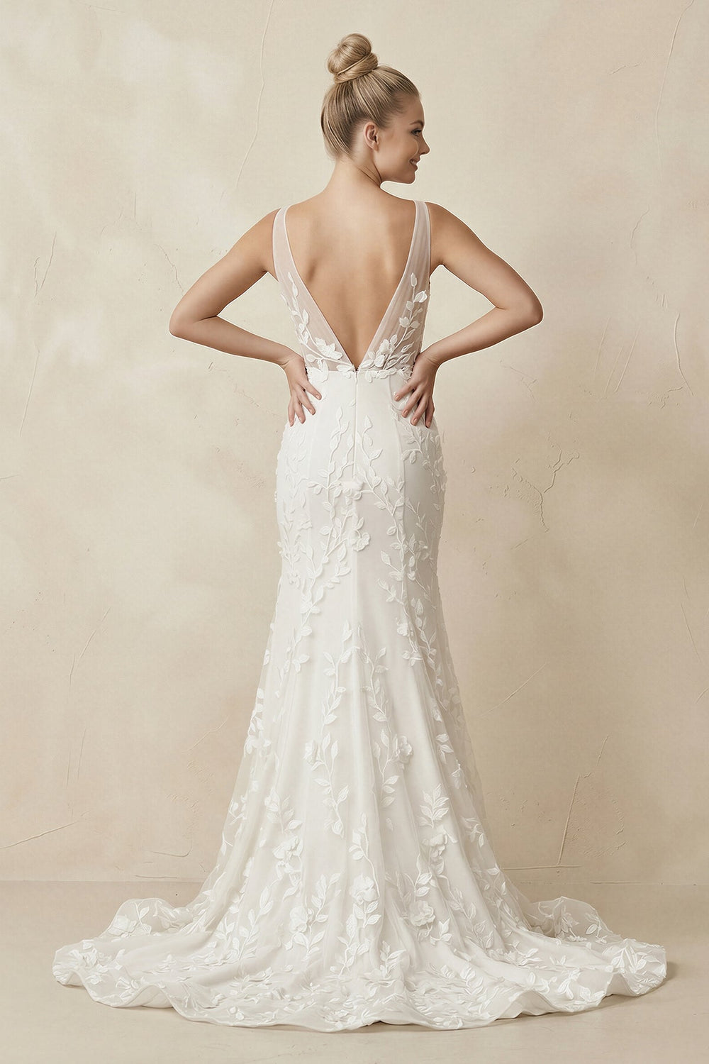 Appliqued V - Neck Mermaid Sheath Wedding Dress in White - KISS BRIDAL Wedding Dresses