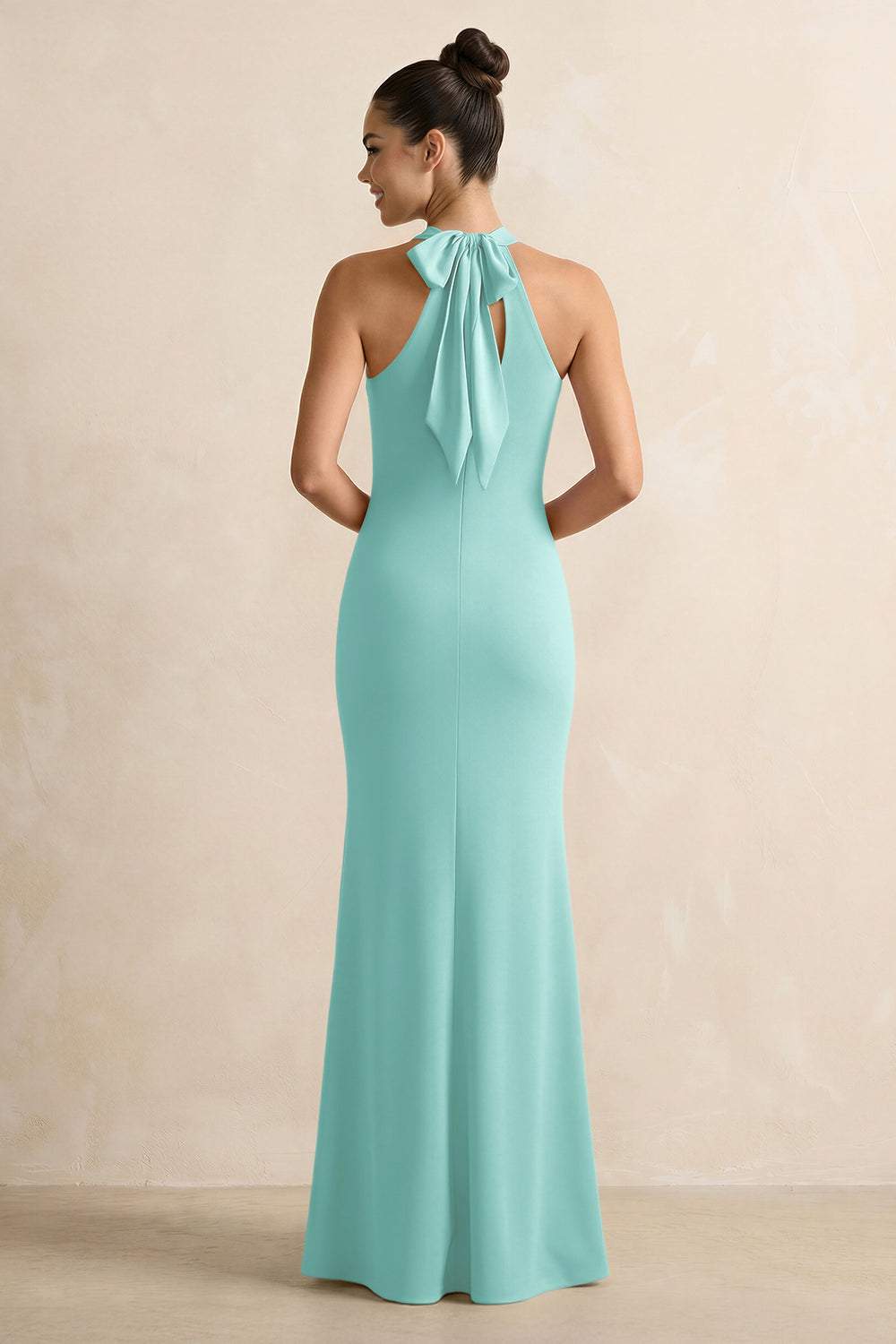 Crisscross Halter Sheath Satin Bridesmaid Dress with Bow in Aqua