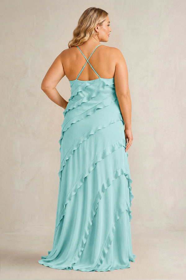 Aqua Spaghetti Straps Sheath Stain Ruffled Bridesmaid Dress (2) | KISSBRIDAL[sizeplus]