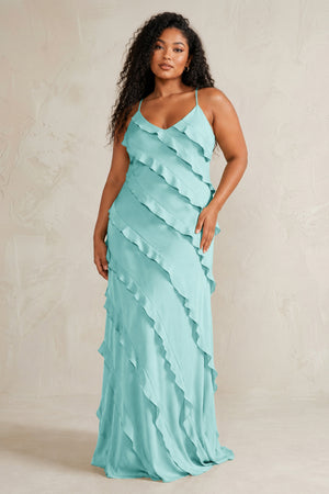 Aqua Spaghetti Straps Sheath Stain Ruffled Bridesmaid Dress (3) | KISSBRIDAL[sizeplus]