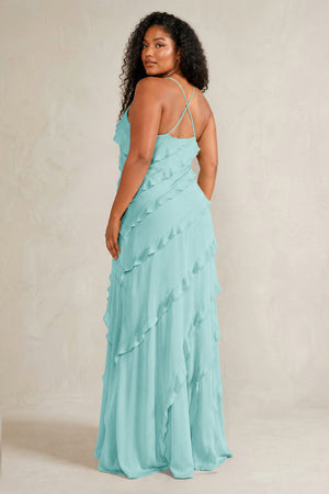 Aqua Spaghetti Straps Sheath Stain Ruffled Bridesmaid Dress (4) | KISSBRIDAL[sizeplus]