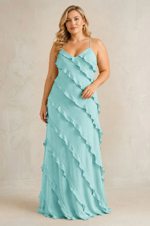 Aqua Spaghetti Straps Sheath Stain Ruffled Bridesmaid Dress | KISSBRIDAL[sizeplus]
