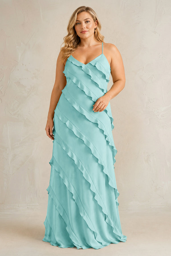 Aqua Spaghetti Straps Sheath Stain Ruffled Bridesmaid Dress | KISSBRIDAL[sizeplus]