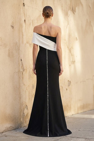 Asymmetric One Shoulder Gown With Slit in Black and White - SHE IS ME PROM DRESSES