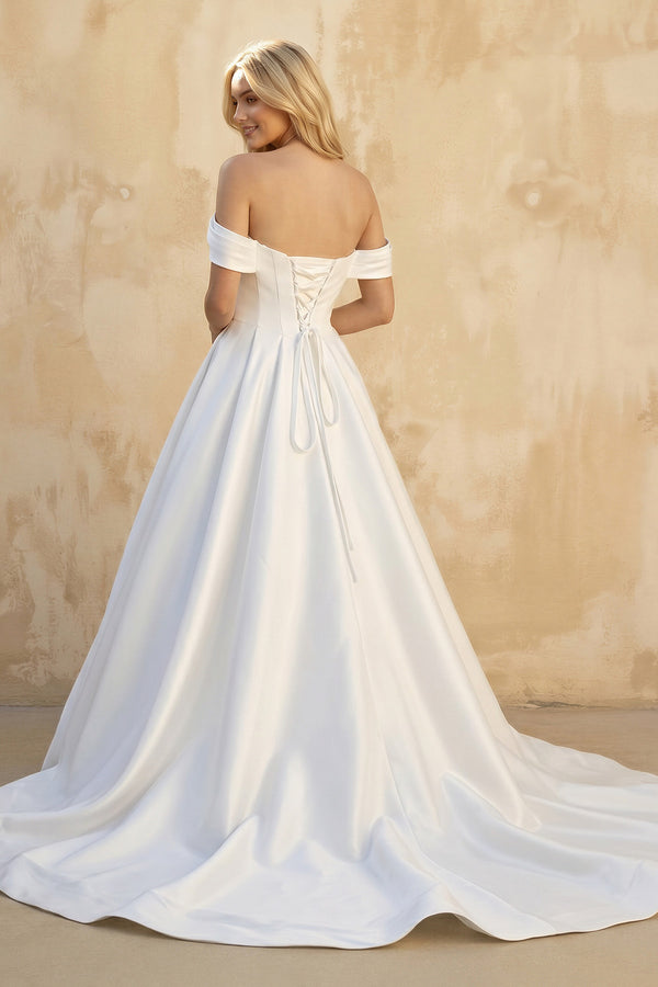 White A-Line Off the Shoulder Satin Wedding Dresses in White - KISS BRIDAL Wedding Dresses