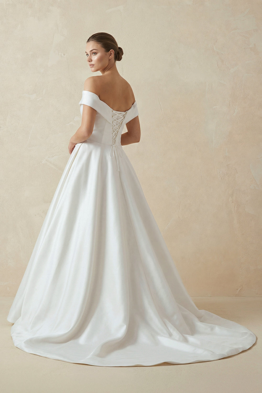 A - Line Satin Sweep Train White Wedding Dress - KISS BRIDAL Wedding Dresses