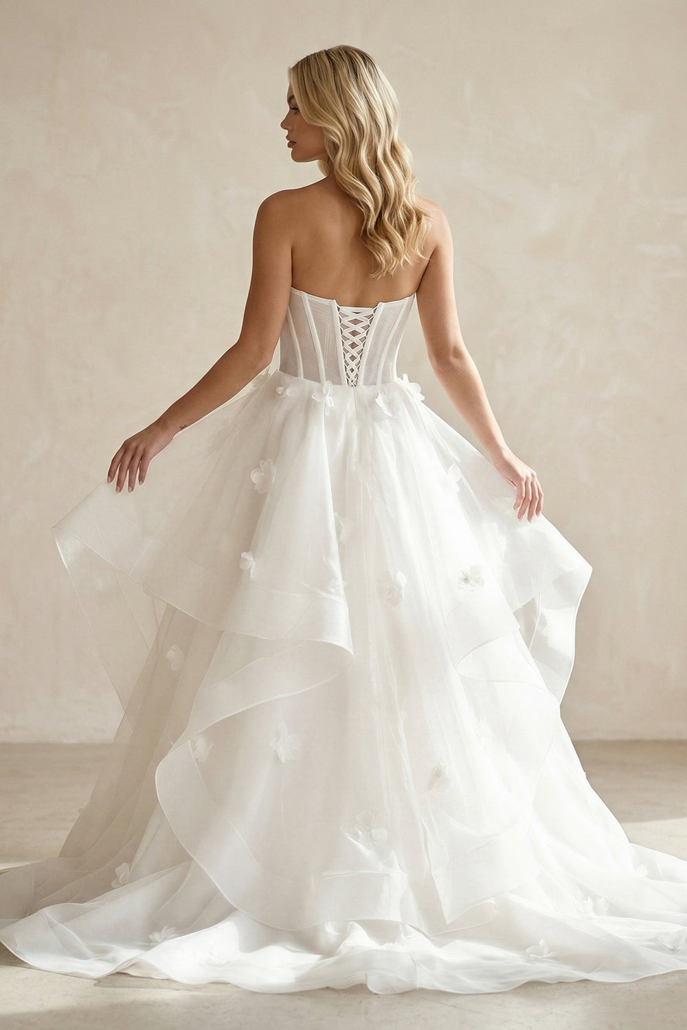 Ball - Gown Strapless Organza Corset Wedding Dress With 3D Floral Appliques in White - KISS BRIDAL Wedding Dresses