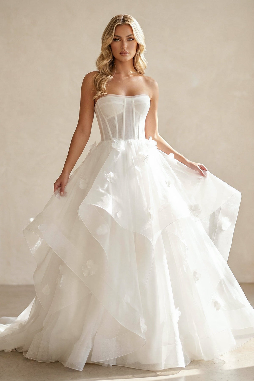 Ball - Gown Strapless Organza Corset Wedding Dress With 3D Floral Appliques in White - KISS BRIDAL Wedding Dresses