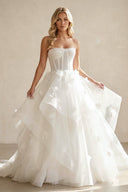 Ball - Gown Strapless Organza Corset Wedding Dress With 3D Floral Appliques in White - SHE IS ME Wedding Dresses