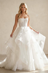 Ball - Gown Strapless Organza Corset Wedding Dress With 3D Floral Appliques in White - KISS BRIDAL Wedding Dresses