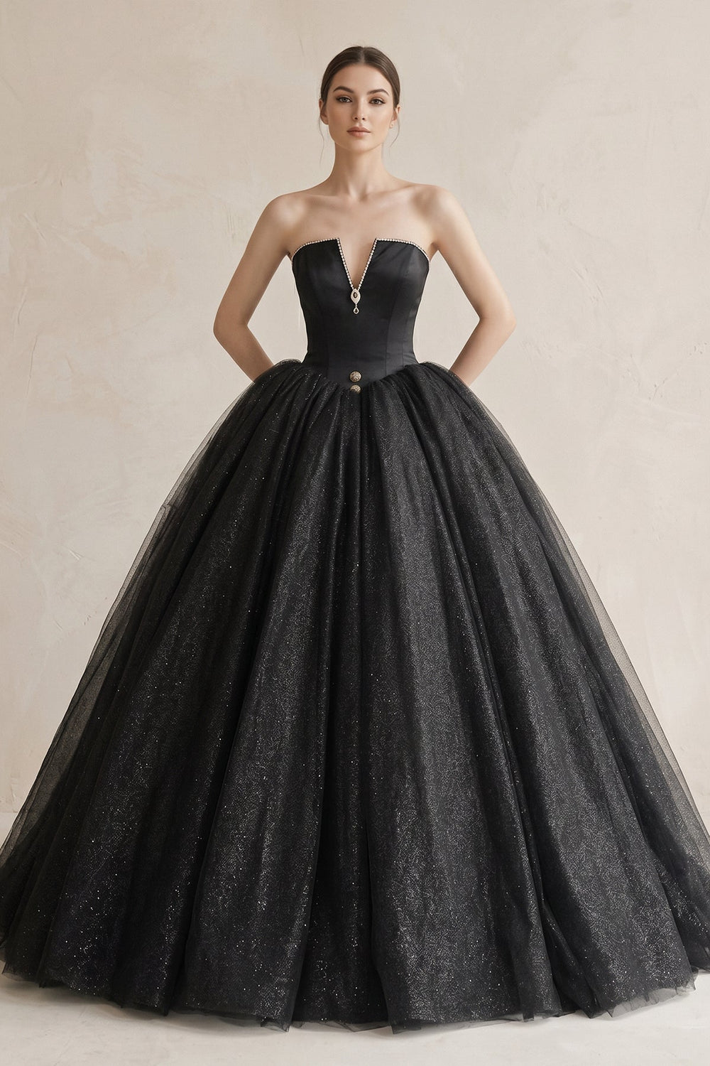 Ball - Gown Tulle Plunging Wedding Dress in Black - KISS BRIDAL Wedding Dresses