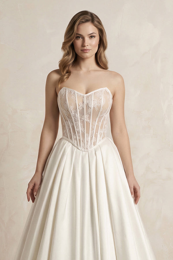 Basque Waist Sweetheart A - Line Satin Wedding Dress in Ivory - SHE IS ME Wedding Dresses