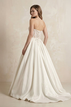 Basque Waist Sweetheart A - Line Satin Wedding Dress in Ivory - SHE IS ME Wedding Dresses