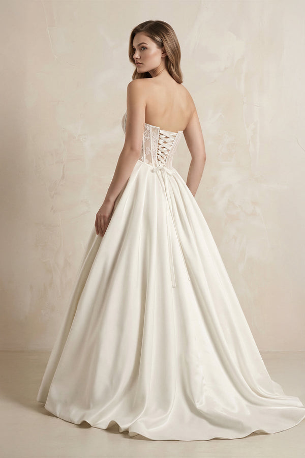 Basque Waist Sweetheart A - Line Satin Wedding Dress in Ivory - SHE IS ME Wedding Dresses
