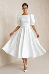 Bateau A Line Satin Midi Wedding Dress in White - KISS BRIDAL Wedding Dresses