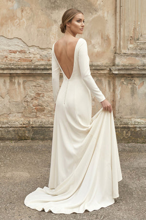 Bateau Long Sleeves Satin Mermaid Wedding Dress in White - SHE IS ME Wedding Dresses