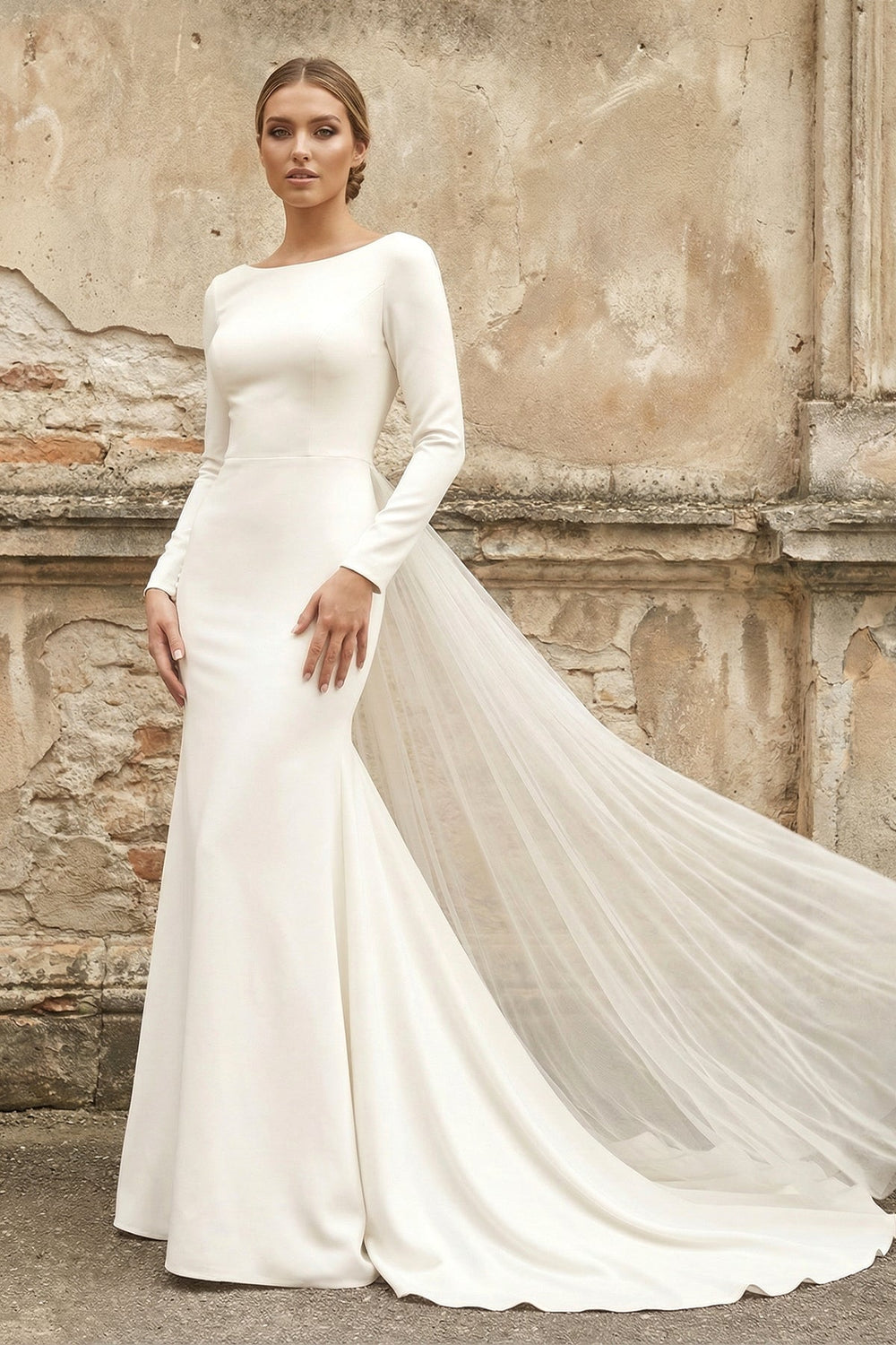Bateau Long Sleeves Satin Mermaid Wedding Dress in White - KISS BRIDAL Wedding Dresses