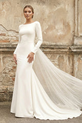 Bateau Long Sleeves Satin Mermaid Wedding Dress in White - KISS BRIDAL Wedding Dresses