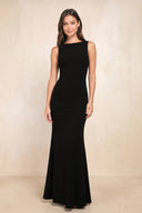 Bateau Mermaid Stretch Satin Maxi Dress in Black - SHE IS ME Dresses