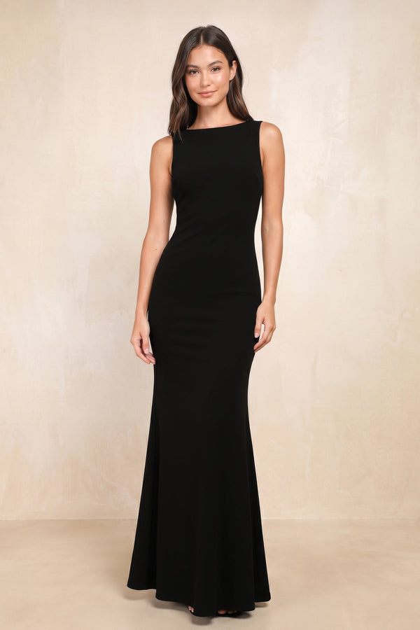 Bateau Mermaid Stretch Satin Maxi Dress in Black - KISS BRIDAL Dresses
