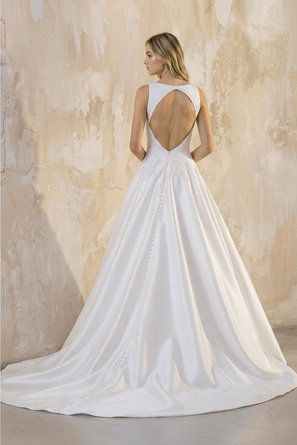 Bateau Neck A - Line Satin Wedding Dress With Keyhole in White - KISS BRIDAL Wedding Dresses