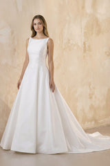 Bateau Neck A - Line Satin Wedding Dress With Keyhole in White - KISS BRIDAL Wedding Dresses