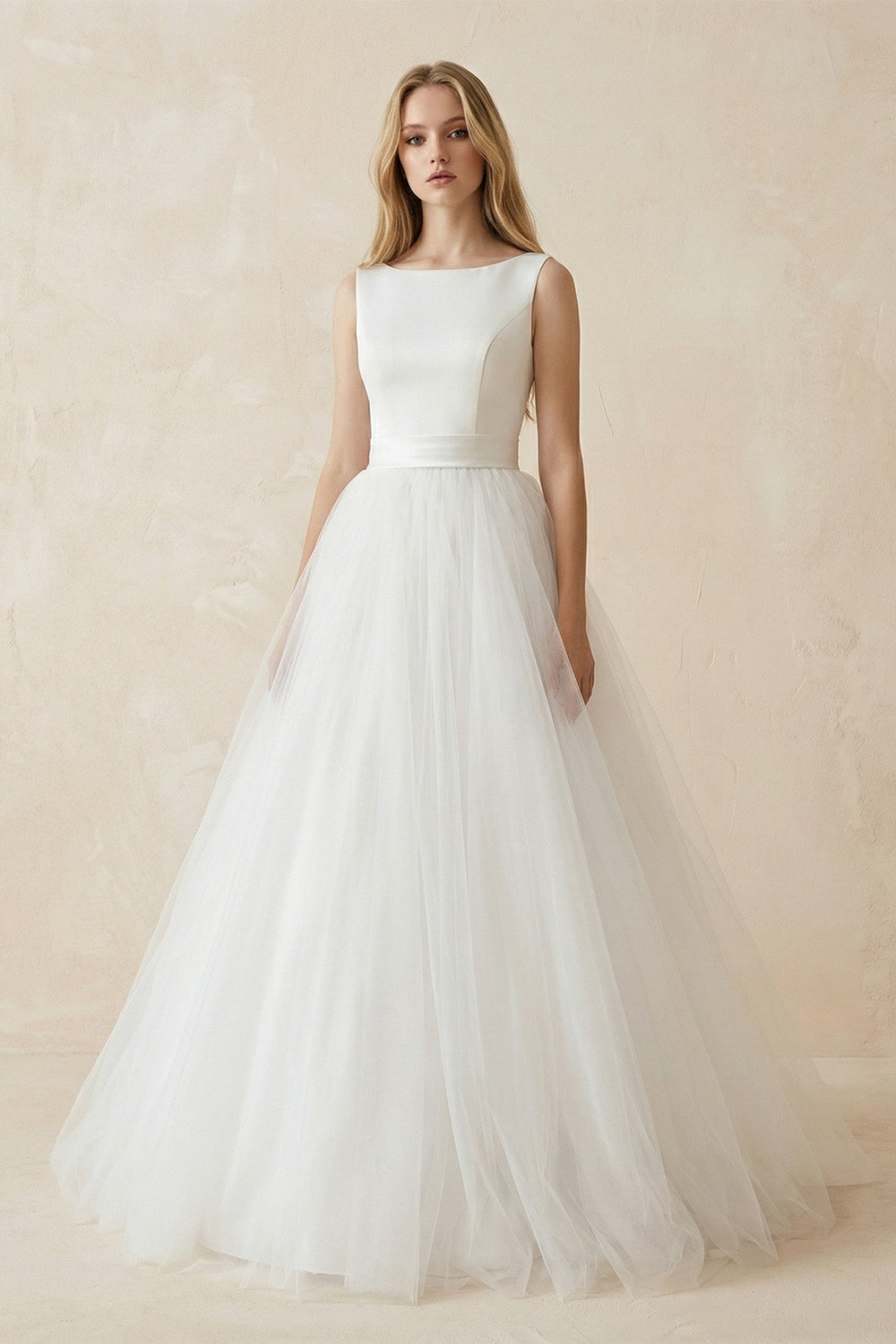 Bateau Neck A - Line Tulle Ruched Wedding Dress in White - KISS BRIDAL Wedding Dresses