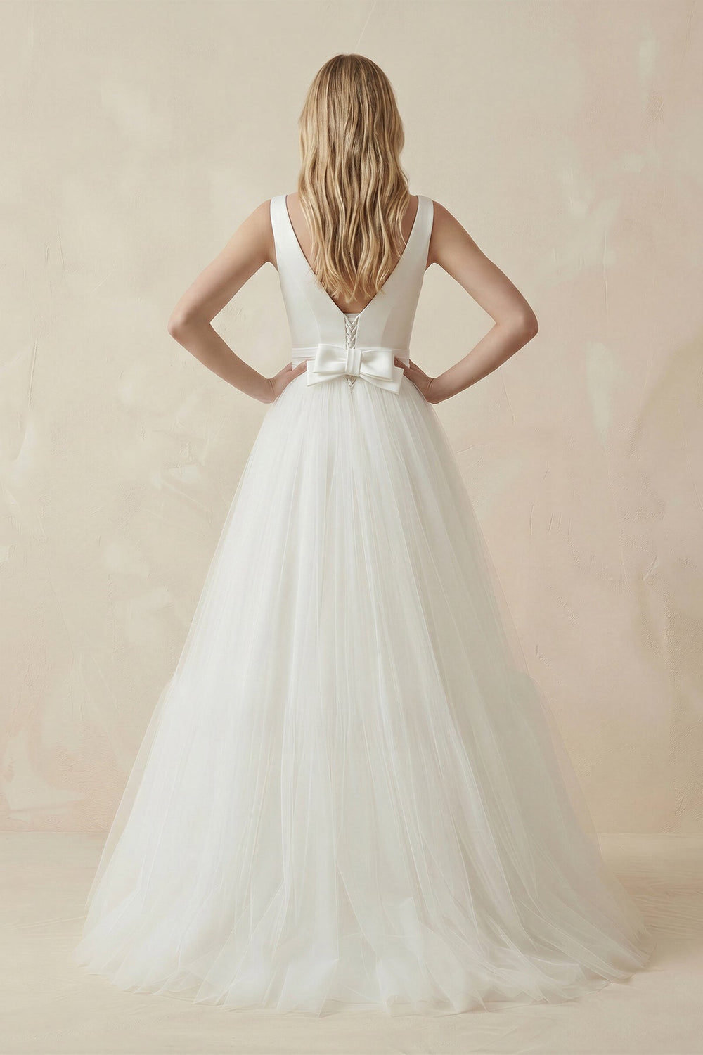 Bateau Neck A - Line Tulle Ruched Wedding Dress in White - KISS BRIDAL Wedding Dresses