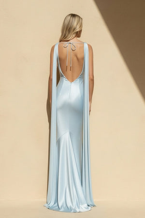 Bateau Neck Maxi Dress with Satin Panel in Sky Blue - SHE IS ME