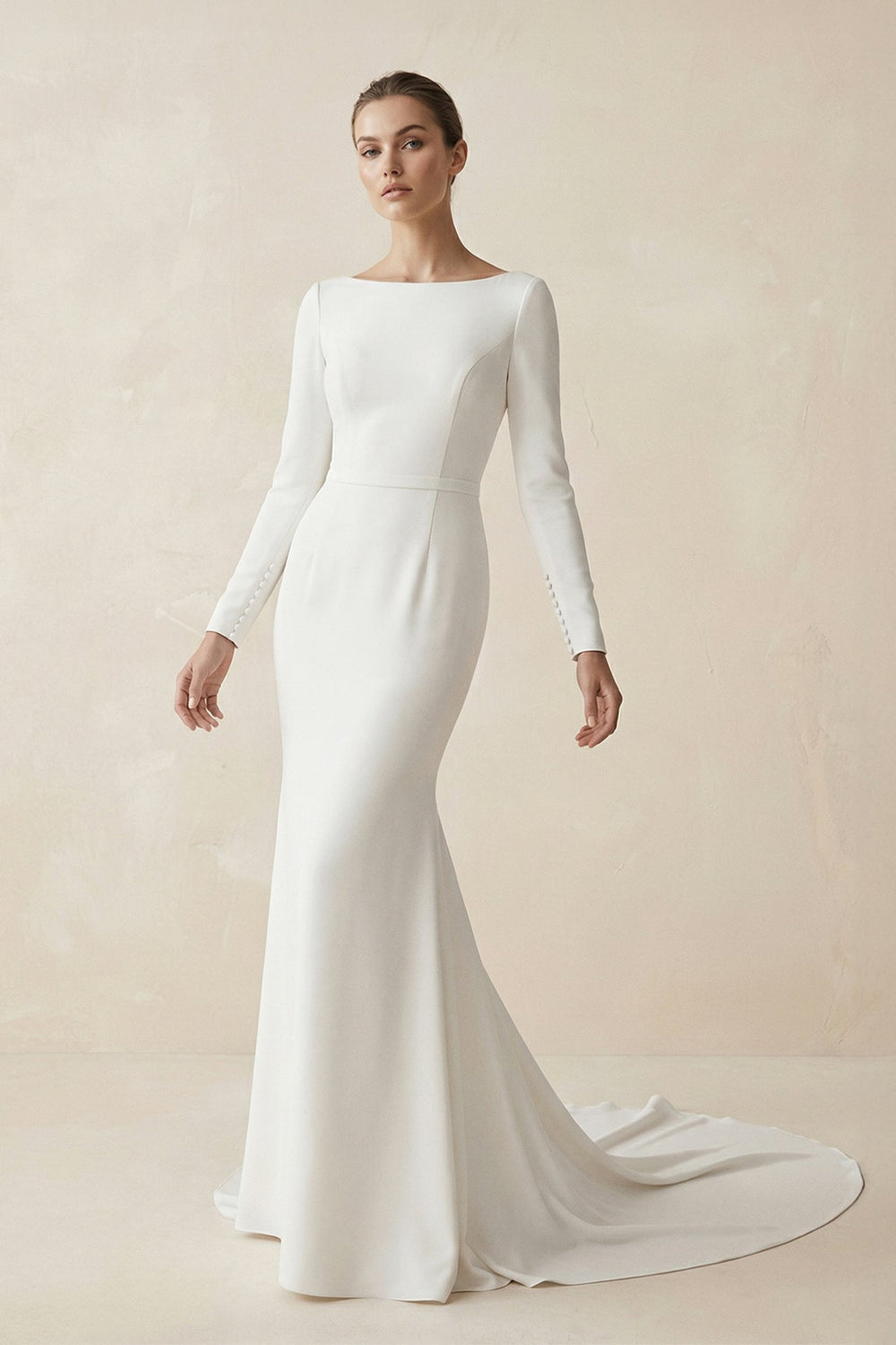 Bateau Neck Mermaid Long Sleeve Wedding Dress in White - KISS BRIDAL Wedding Dresses
