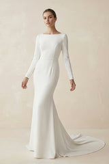 Bateau Neck Mermaid Long Sleeve Wedding Dress in White - KISS BRIDAL Wedding Dresses