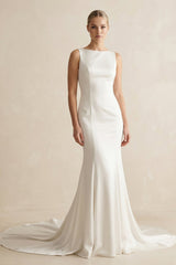 Bateau Neck Mermaid Satin Wedding Dress With Bow in White - KISS BRIDAL Wedding Dresses