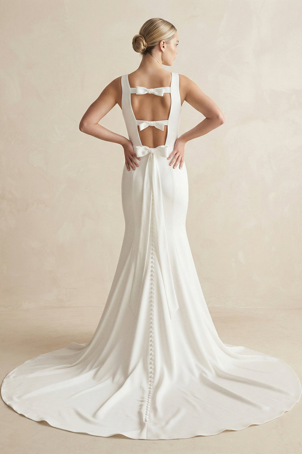 Bateau Neck Mermaid Satin Wedding Dress With Bow in White - KISS BRIDAL Wedding Dresses