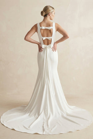 Bateau Neck Mermaid Satin Wedding Dress With Bow in White - SHE IS ME Wedding Dresses