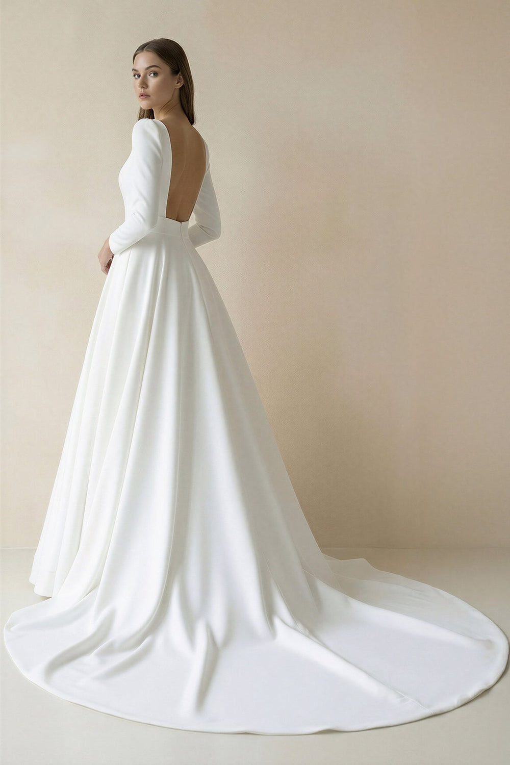 Bateau Neck Satin A - Line Long Sleeves Wedding Dress in White - KISS BRIDAL Wedding Dresses