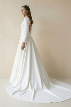 Bateau Neck Satin A - Line Long Sleeves Wedding Dress in White - SHE IS ME Wedding Dresses