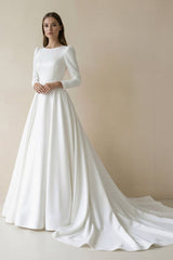 Bateau Neck Satin A - Line Long Sleeves Wedding Dress in White - KISS BRIDAL Wedding Dresses
