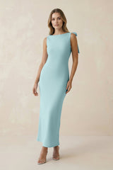Bateau Neck Sheath Midi Bridesmaid Dress With Bow in Bleached Aqua - KISS BRIDAL Bridesmaid Dresses