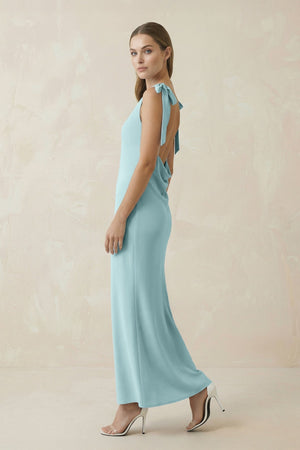 Bateau Neck Sheath Midi Bridesmaid Dress With Bow in Bleached Aqua - SHE IS ME Bridesmaid Dresses