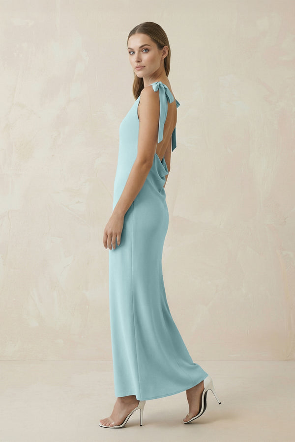 Bateau Neck Sheath Midi Bridesmaid Dress With Bow in Bleached Aqua - SHE IS ME Bridesmaid Dresses